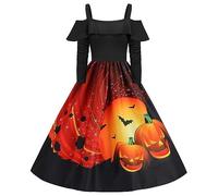 Halloween Abiti Donna Vintage Stampato Zucca Carnevale Trapezio Abito Maniche Lunghe Swing Chic Vestito Moda Cosplay Anni 50 Pin Up Abito Da Sera Pieghe