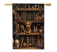 Halloween Airedale Terrier Cane Front Yard Cortile Lino Casa Verticale Bandiere 28x40 Double Face per Esterno, Scary Witchy Magic Books Puppy Home Print Flag, Pet Home Outdoor Pattern Flag
