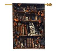 Halloween Alaskans Malamute Dog Front Yard BackYard Linen Vertical House Flags 28x40 Double Face per esterno, Scary Witchy Magic Books Puppy Home Print Flag, Pet Home Outdoor Pattern Flag