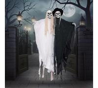 Halloween Animatronics sposa sposo appeso scheletro fantasma Decori con suono attivato spettrale occhi rossi in bianco e nero coppia fantasma figurina per interni ed esterni cortile