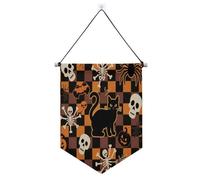 Halloween arancione a scacchi zucca gatto teschio appeso banner con asta telescopica gagliardetto bandiera banner festa banner e decorazioni per ufficio, scuola, aula, dormitorio, casa banderine para