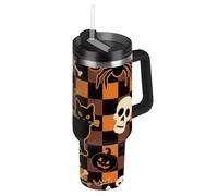 Halloween arancione a scacchi zucca gatto teschio vuoto bocca larga bottiglia d'acqua riutilizzabile coperchio a prova di perdite e cannuccia tazza termica decorativa per scuola, sport, asilo nido