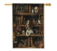 Halloween Basset Hound Dog Front Yard BackYard Linen Vertical House Flags 28x40 Double Sided per esterno, Scary Witchy Magic Books Puppy Home Print Flag, Pet Home Outdoor Pattern Flag