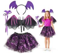 Halloween Bat Costume Ragazze, 4 Pezzi, Costume da Bat con Copricapo Ali, Con Copricapo, Tutù, Ali e Bacchetta Magica, Costume da Halloween per Bambini, Costume per Halloween, Carnevale, Festa