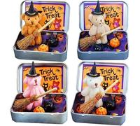 Halloween Bear in a Box for Trick or Treat, Handmade Cute Witch in Box, Mini Plush Witch Bear for Halloween Party Gifts, Decorations with Witches Blanket Broom Cape Pumpkins(4PCS)