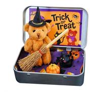 Halloween Bear in a Box for Trick or Treat, Handmade Cute Witch in Box, Mini Plush Witch Bear for Halloween Party Gifts, Decorations with Witches Blanket Broom Cape Pumpkins(A)