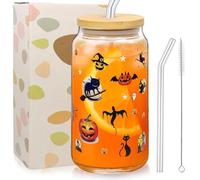 Halloween Bicchiere con Cannuccia e Cannuccia, 500ml Tazza di Vetro di Halloween, Tazze Halloweens, Tazza Autunno, Fantasma Zucca Bicchiere per Caffè Ghiacciato, Geschenk für Frauen Thanksgiving