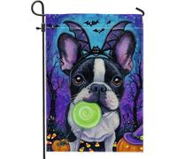 Halloween Boston Terrier con lecca-lecca, pipistrelli e zucche viola notte giardino bandiera, decorazione decorativa per esterni cortile decorazione esterna banner su entrambi i lati, viola, 30,5 x