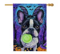 Halloween Boston Terrier con lecca-lecca, pipistrelli e zucche viola notte giardino bandiera, decorazione esterna decorativa cortile decorazione esterna banner su entrambi i lati, viola, 71 x 101 cm
