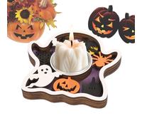 Halloween Candle Holder, Wooden Pumpkin Ghost Candlestick Stand, 4.13 x 4.13 Inches Festive Table Centerpiece for Home, Party, Living Room, Bedroom, Farmhouse, Spooky Autumn Decor, Fall Decoration