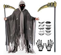 Halloween Cape Uomini Set, Costume da Tristo Mietitore Uom con Falci, Guanti da Scheletro e Tatuaggio Adesivo Inquietante, Costume Reaper per Spaventoso Morte di Halloween Carnevale