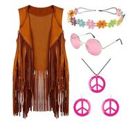 Halloween Carnevale Donne Hippie Costume Set Frange Dettaglio Discoteca | 5 pezzi abiti da discoteca, per famiglia, amici, colleghi, feste hippy, fotografia di strada, abbigliamento casual, ciao