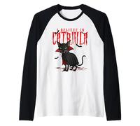 Halloween Cat Tee Catriula Vampire Art per Amanti dei Maglia con Maniche Raglan