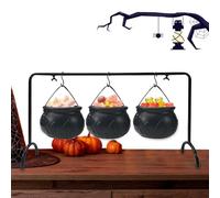 Halloween Cauldron Bowl - 3 mini porta caramelle su rack, vasi di pozione neri set | Piccoli calderoni di streghe per decorazione da tavolo per feste, mostra di casa spaventosa, trucco di auto