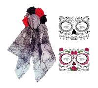 Halloween Cerchietto Giorno dei Morti Fascia per Capelli con Rosa,Cerchietto Dia de Los Muertos Accessori,Velo per Capelli Dia de Los Muertos,con Tatuaggi Viso, Accessori per Travestimenti da Donna