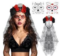Halloween Cerchietto Rose, Cerchietto Teschio Messicano, Copricapo Giorno dei Morti con Teschio, Velo, Fiore Rosso Nero, Cerchietto Sposa Cadavere, per Feste di Halloween, Feste in Maschera