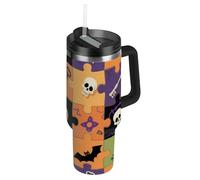 Halloween colorato puzzle di teschio pipistrelli vuoto bocca larga 1180 ml in acciaio inox grande bicchiere con coperchio e cannuccia tazza termica decorativa per scuola, sport, asilo nido, campeggio