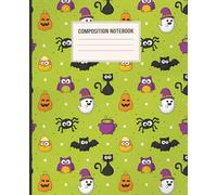 Halloween Composition Notebook: Bright Green Halloween Notebook with Ghosts, Cats, Pumpkins & Bats | 7.5 x 9.25 in | 110 Pages | Wide-Ruled | Fun & Festive School Journal for Kids