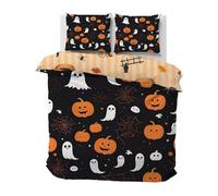 Halloween Copripiumino Una Piazza e Mezza Zucca, Biancheria da Letto Fantasma in Microfibra, 1 Parure Copri Piumone Ragnatela con 2 Federe 50x80 cm con Cerniera, E-508