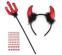 Halloween corna del diavolo e tripla, costume da diavolo da donna, cerchietto rosso, 36 cm, scettro, corna, copricapo diavolo, accessorio per feste, con 1 foglio di adesivi a goccia d'acqua rosso