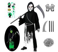 Halloween Costume Bambino Reaper, Costume da Morte Fluorescente, Include Costume Morte Bambin, Guanti, Falce in Plastica, Catena e Adesivi Fluorescenti, Ideale per Halloween e Feste a Tema (L)