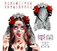 Halloween Costume, Cerchietto per Capelli con rose, Tatuaggi Faccia Morta di Giorno, Halloween Tatuaggi Temporanei, Fascia per Capelli Costume, Veli del Giorno dei Morti per la Festa di Carnevale (C)