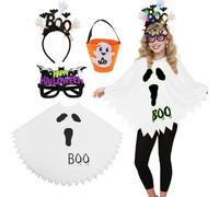 Halloween Costume da Fantasma per Donne, 4 Pezzi Costume di Halloween da Donna, Bianco Mantello da Fantasma di Halloween con Sacchetti di Caramelle e Occhial per Halloweens Carnevale Cosplay
