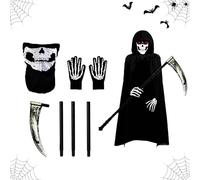 Halloween Costume da Morte Mietitore Set,Costume da Mietitore per Adulte e Bambino,Copricapo da Teschio, Guanti da Scheletro e Falce Della Morte, per Halloween Festa Costume (Adulti-B)