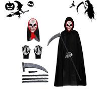 Halloween Costume da Morte Mietitore Set,Costume da Mietitore per Adulte e Bambino,Copricapo da Teschio, Guanti da Scheletro e Falce Della Morte, per Halloween Festa Costume (Adulti-C)