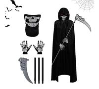 Halloween Costume da Morte Mietitore Set,Costume da Mietitore per Adulte e Bambino,Copricapo da Teschio, Guanti da Scheletro e Falce Della Morte, per Halloween Festa Costume (Adulti-A)