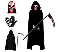 Halloween Costume Kit, Mantello Cappuccio Nero, Falce Della Morte, Maschera Del con Mietitore Guanti Scheletro per Halloween, Fumetti, Feste, Carnevale, Cosplay Halloween Carnevale