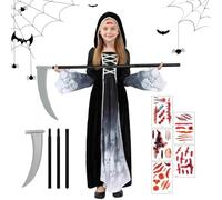 Halloween Costume Mietitore Bambina, Vestito Halloween Bambina Scheletro, Costume Halloween Morte con Falce Adesivi Insanguinati, Costumi Grim Reaper Bambini per Halloween Carnevale Cosplay (M)
