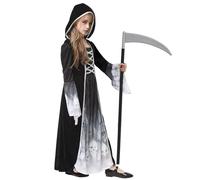 Halloween Costume Morte Bambina - Vestito da Mietitore Scheletro per Ragazza con falce - Costumi Grim Reaper Bambini per Halloween Carnevale Cosplay Festa (XL (10-12 anni))
