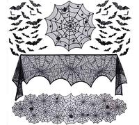Halloween Decorazioni per la Tavola,wohot 51pcs Dddobbi Tavola Halloween Include Tovaglia Ragnatela Rotonda,Tovaglia Ragnatela Rettangolare, Sciarpa Camino, e 48pcs Pipistrelli Adesivi 3D Della Parete