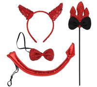 Halloween Devil Costume Set Diavolo Corna Cerchietto Coda Papillon Tridente | Kit per costume da diavolo rosso con paillettes per Halloween, feste a tema, servizi fotografici, accessori per costumi