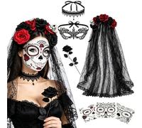 Halloween Dia De Los Muertos - Cerchietto per capelli da donna | Include un cerchietto per capelli con velo in pizzo, maschera per gli occhi, tatuaggio per il viso, rosa nera