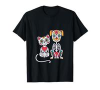 Halloween Dia de Los Muertos Sugar Skull Skeleton Dogs & Cat Maglietta