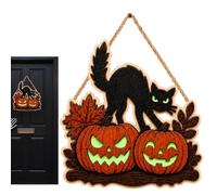 Halloween Door Sign - Spooky Glowing Wooden Black Cat & Pumpkin Decor