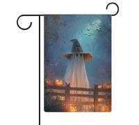 Halloween fantasma appollaiato dietro recinzione in legno bandiera giardino vacanze stagionali juta doppia faccia casa cortile bandiere esterne 30,5 x 45,7 cm
