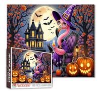Halloween Flamingo Witch Puzzle 1000 pezzi per adulti casa infestata zucche pipistrelli gatti neri luna piena puzzle notte animali divertenti scena autunnale divertente impegnativo rilassante vacanza