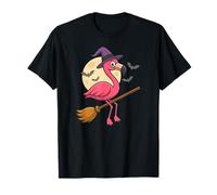 Halloween Flamingo Witch Scopa Divertente Maglietta