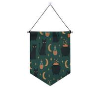 Halloween Gatti neri e luna modello verde banner gancio per parete con asta telescopica gagliardetto bandiera banner appeso a parete decorazioni per feste per porte, pareti, finestre, giardini