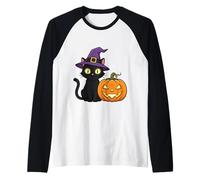 Halloween Gatto Nero Carino Strega Gatto con Zucca Divertente Spook Maglia con Maniche Raglan