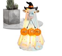 Halloween Ghost Figurine, Spooky Resin Ghost Statue, Animal-Themed Decorative Accent, Hand-Painted Finish, Lightweight Tabletop Design, Ideal for Mantel, Porch, Window, Haunted Decor, White Orange