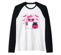 Halloween Ghost Pink Bow Holding Ice Coffee con Kitty Cat Maglia con Maniche Raglan