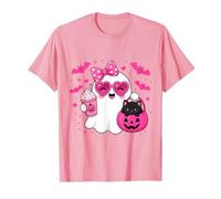 Halloween Ghost Pink Bow Holding Ice Coffee con Kitty Cat Maglietta