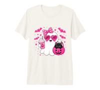 Halloween Ghost Pink Bow Holding Ice Coffee con Kitty Cat Maglietta Premium