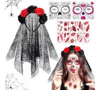Halloween Giorno Dei Morti Velo A Fascia 13 Pezzi, Velo di Halloween + Tatuaggi Viso Halloween + Tatuaggi Temporanei per Halloween, Fascia Rose di Halloween, Cerchietti Halloween (Nero-2)