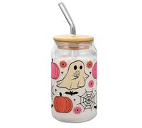 Halloween Glass Cups with Lids and Straws - 400ml, Pumpkin & Ghost Glass Tumbler with Straw | Cute Mug 400ml Drinking Cup for Kids, Teens, Women & Adults | Iced Coffee, Festive Parties, Gatherings