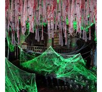 Halloween Glow in Dark Ragnatela, con 1M Bende Insanguinate, 50PCS Fake Spiders, Ragnatela Gigante Raccapricciante, Super Stretch Spiderweb Party Decor Forniture per Interno Esterno Finestra parete Es